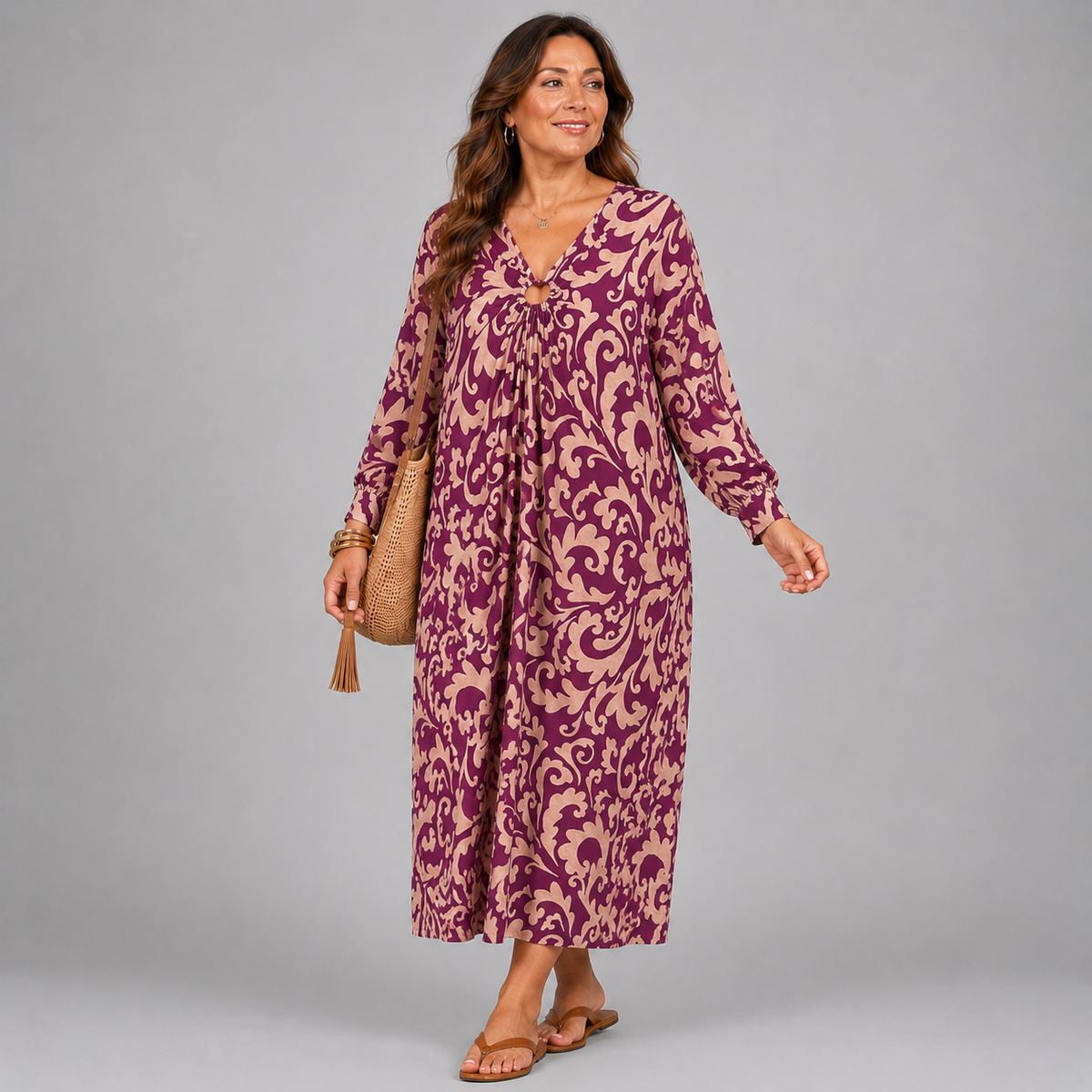 Paisley Print V Neck Batwing Midi Dress