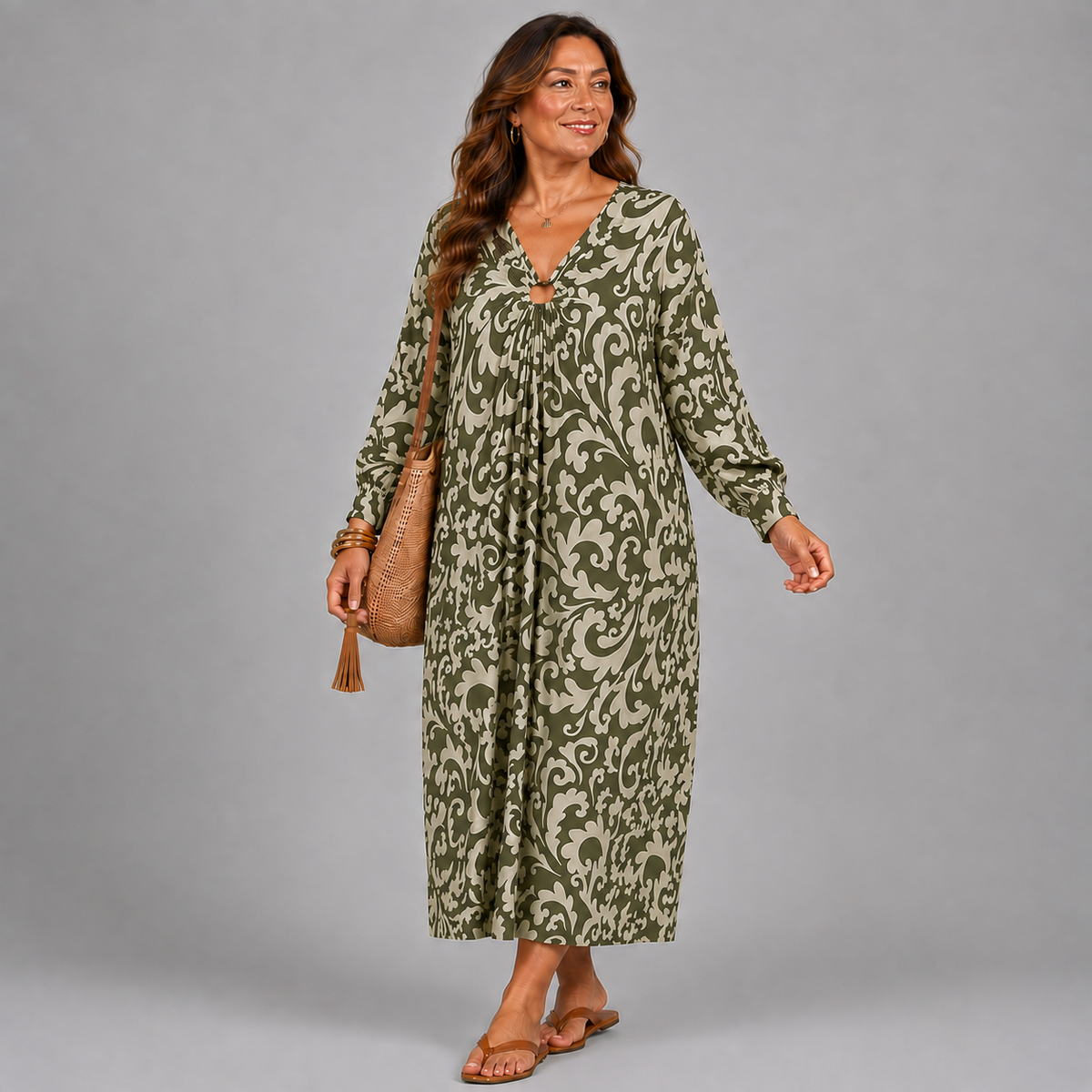 Paisley Print V Neck Batwing Midi Dress