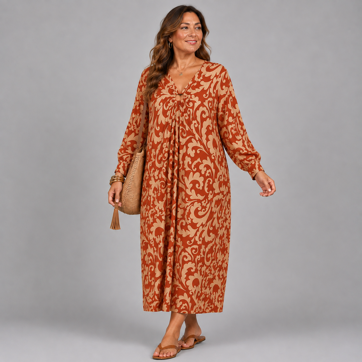 Paisley Print V Neck Batwing Midi Dress