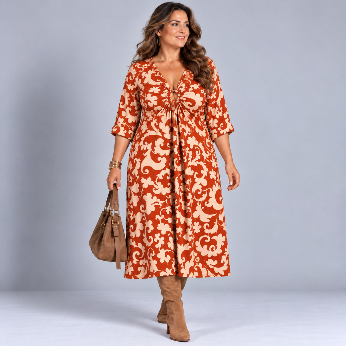 Paisley Print V Neck Batwing Midi Dress