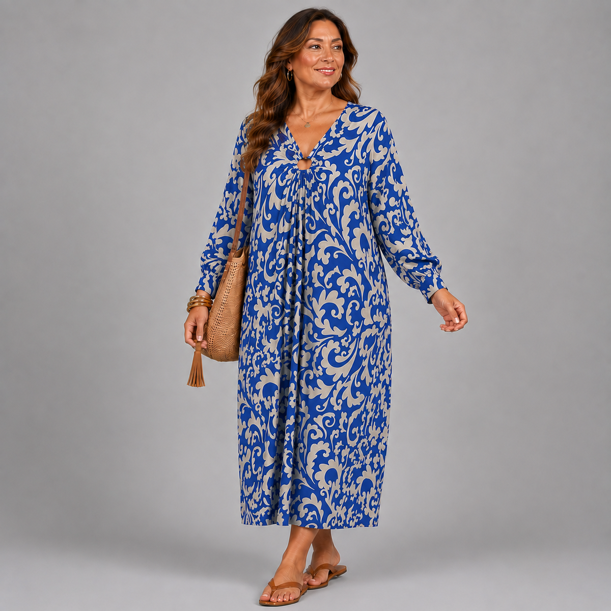 Paisley Print V Neck Batwing Midi Dress