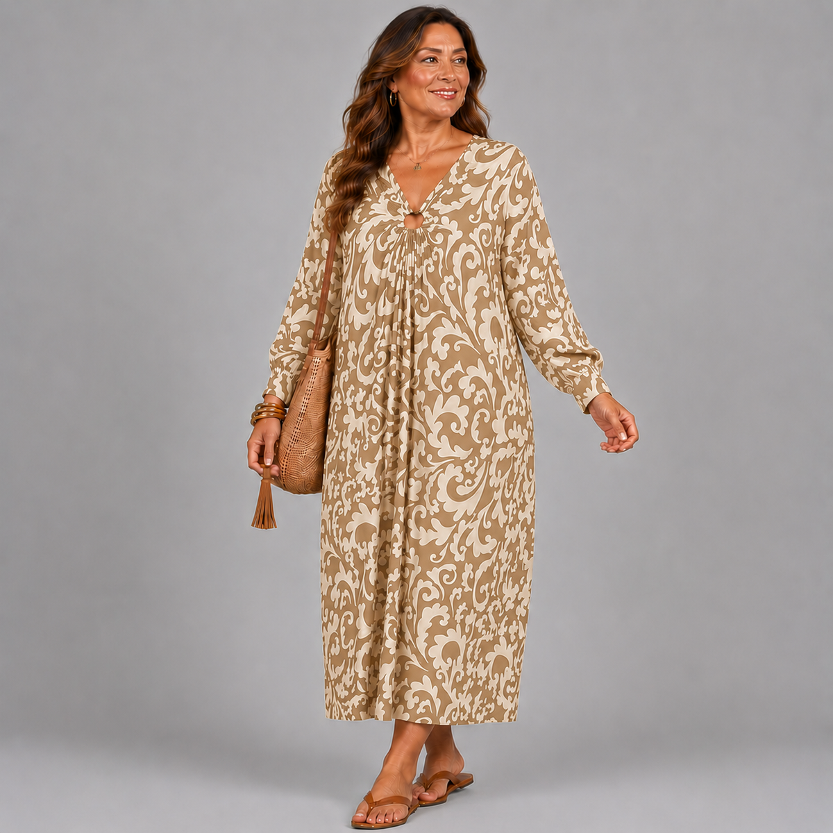 Paisley Print V Neck Batwing Midi Dress