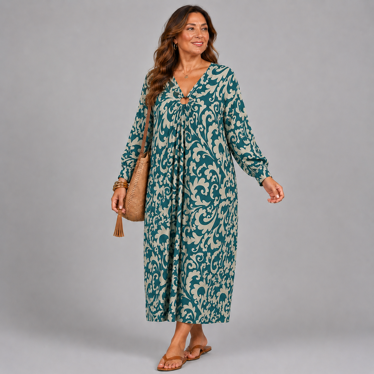Paisley Print V Neck Batwing Midi Dress