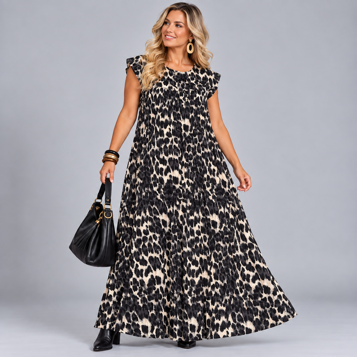 Leopard Pleated Maxi Dress with pockets