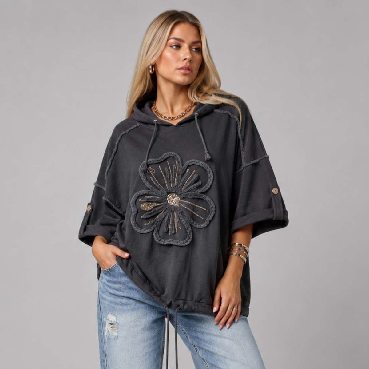 Loose Fiiting Applique Sequin Flower Hoodie