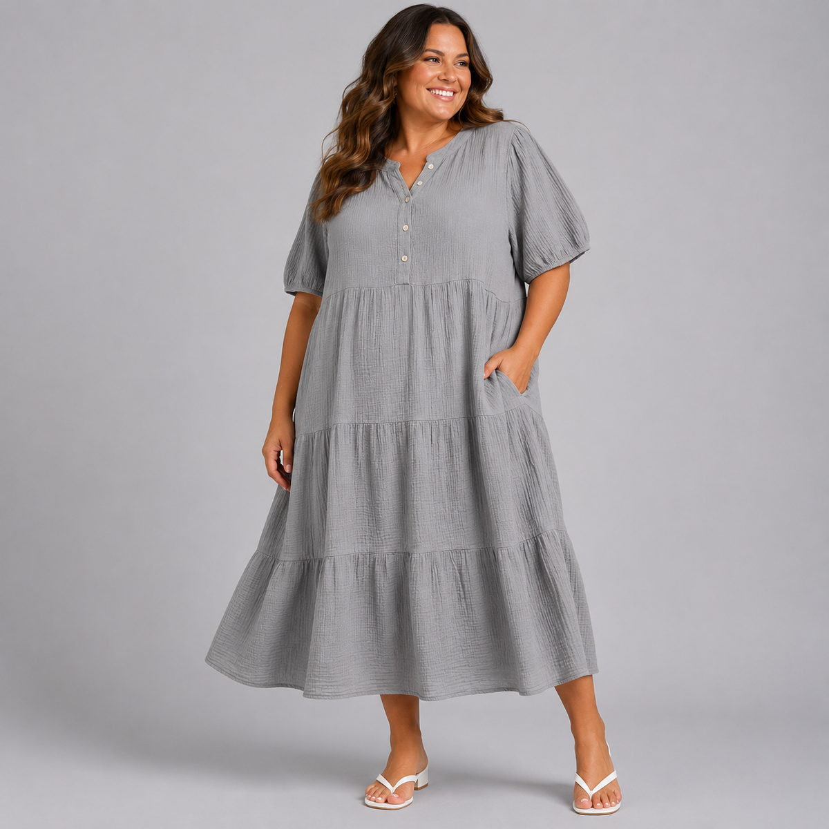 Waffle Cotton Layered Midi Dress
