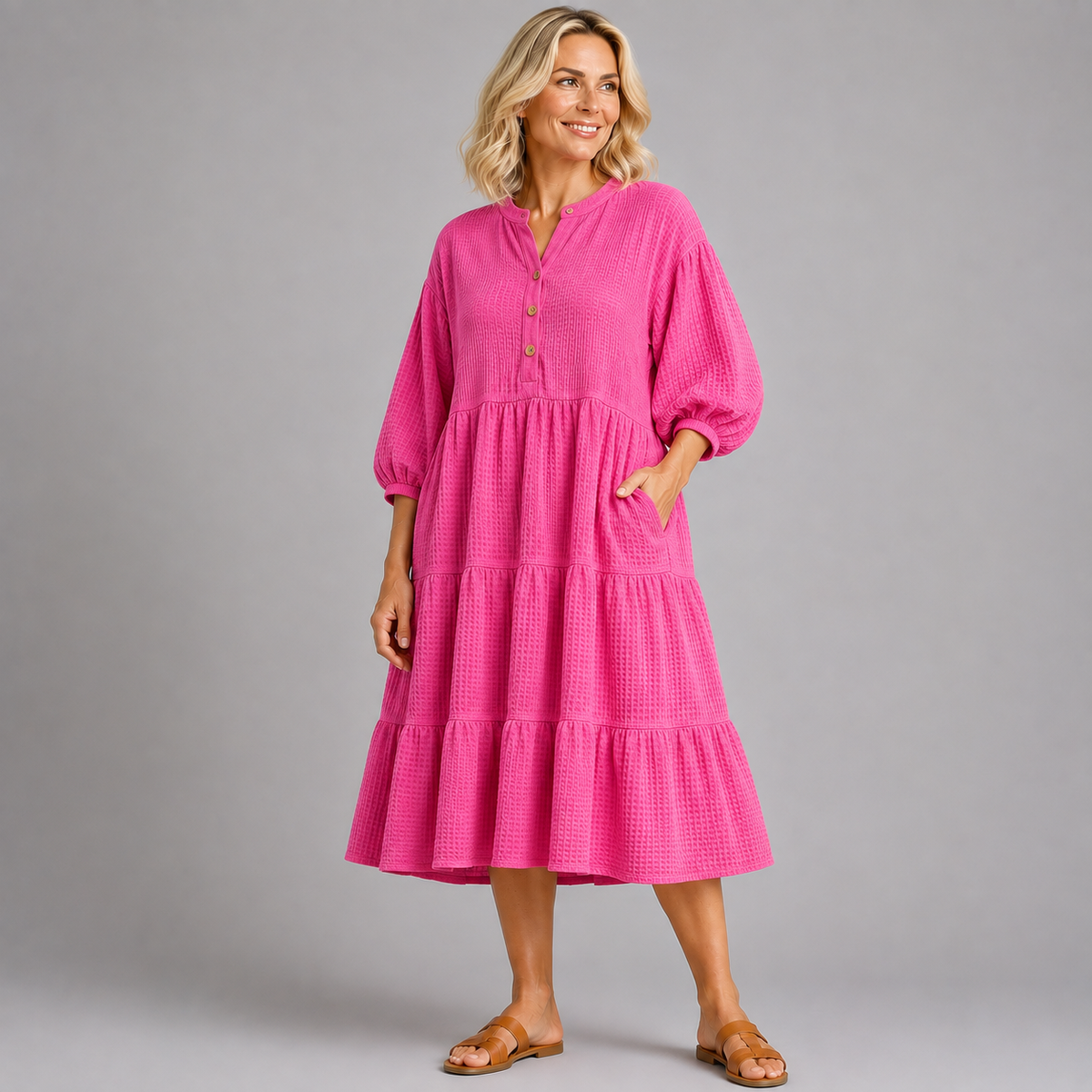 Waffle Cotton Layered Midi Dress