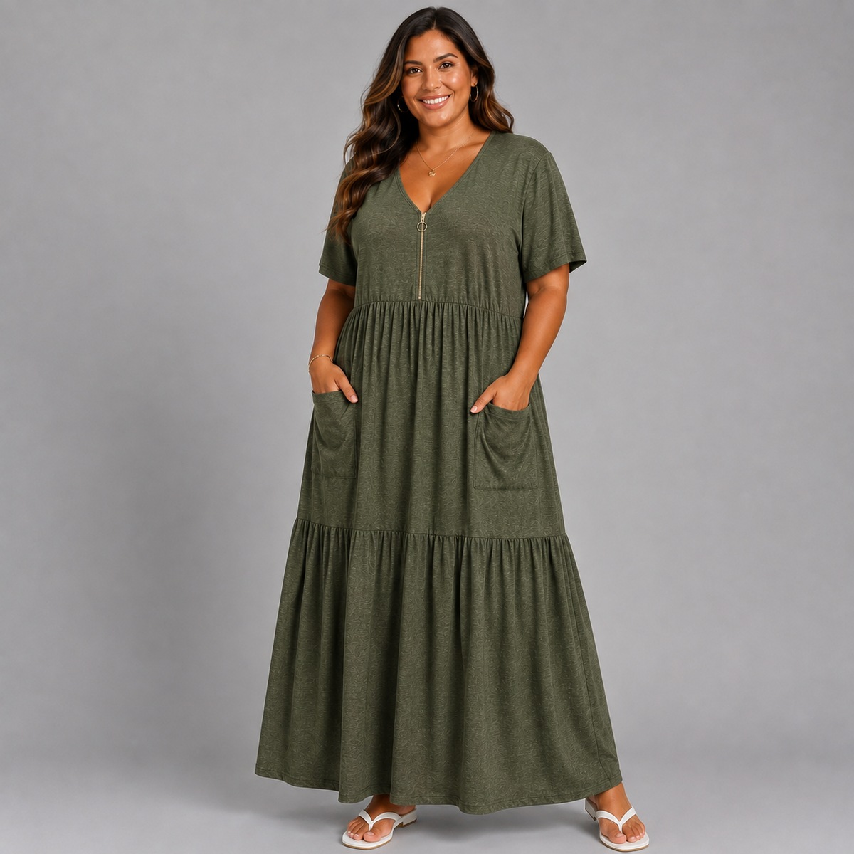 Feature Zip V-Neck Layered Cotton / Linen Maxi Dress