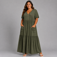 Feature Zip V-Neck Layered Cotton / Linen Maxi Dress