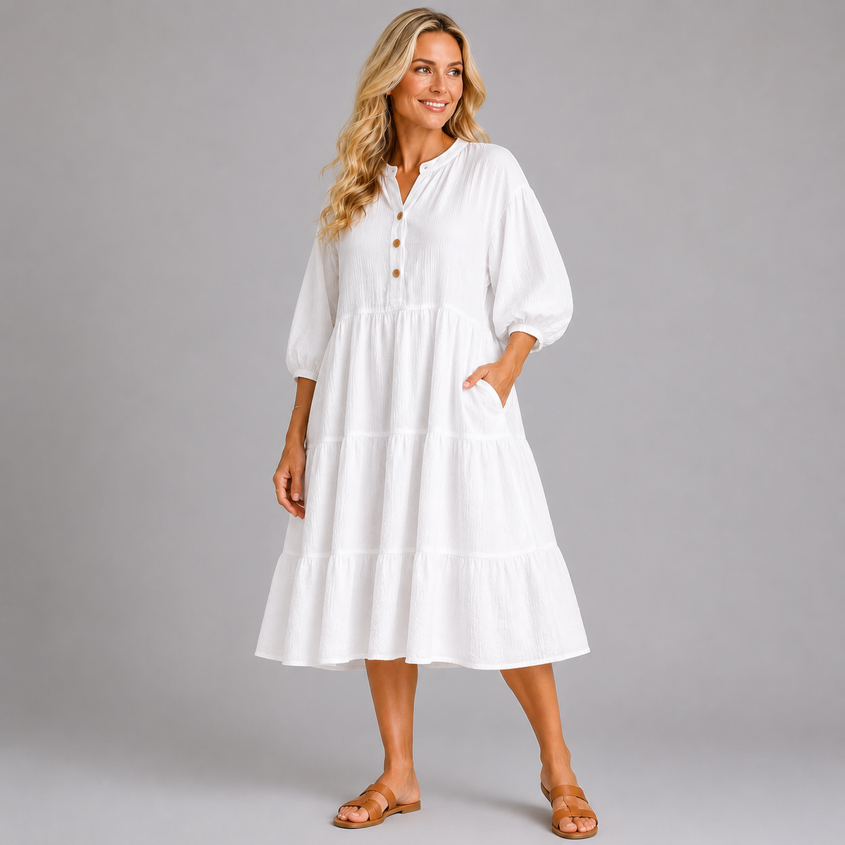 Waffle Cotton Layered Midi Dress