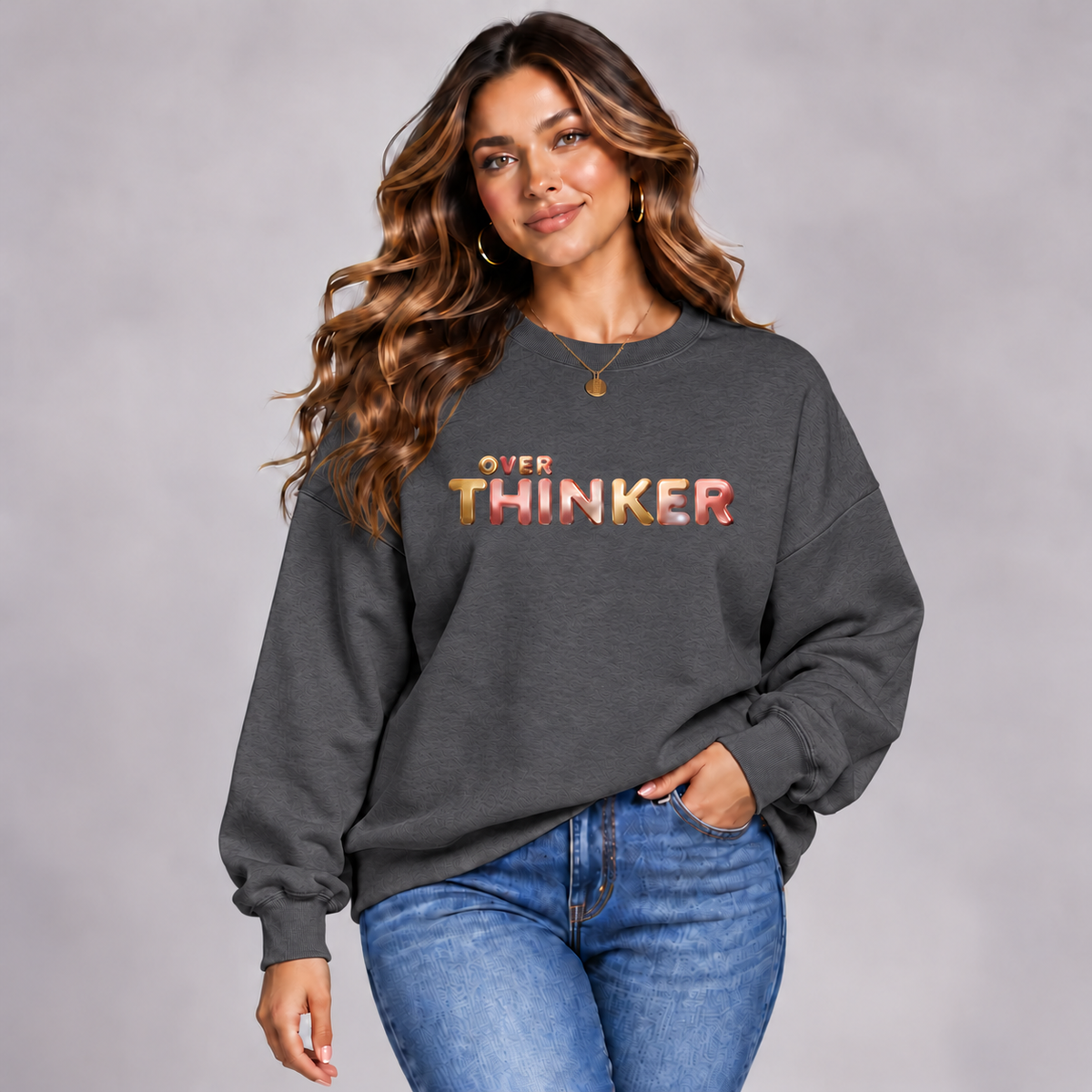 Long Cotton Sweatshirt with “Over Thinker” Logo