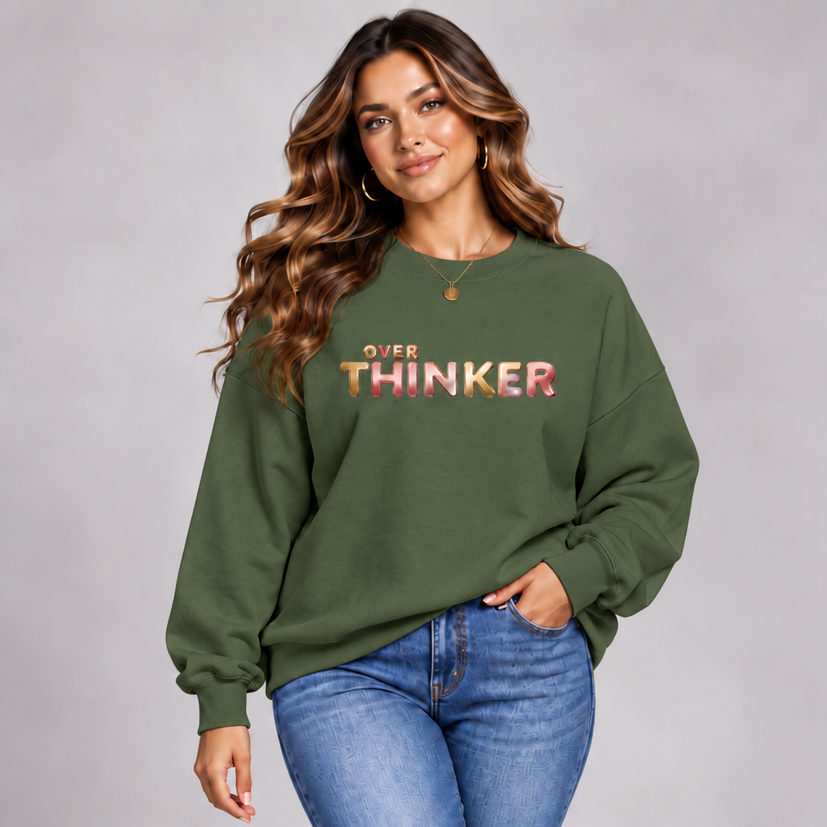 Long Cotton Sweatshirt with “Over Thinker” Logo