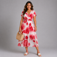 Mock V-Neck Roses Print Lined Midi Dress