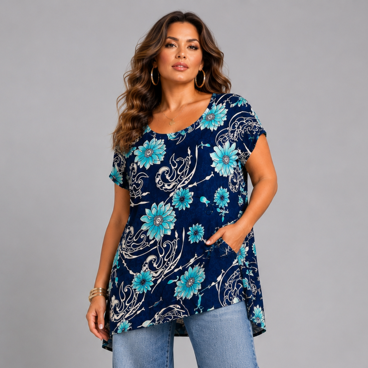 Floral Print Dipped Hem T-shirt with Side Pockets