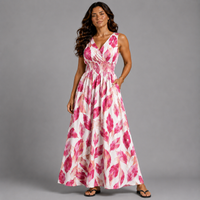 Leaf Print Sleeveless V Neck maxi Dress with side Pockets