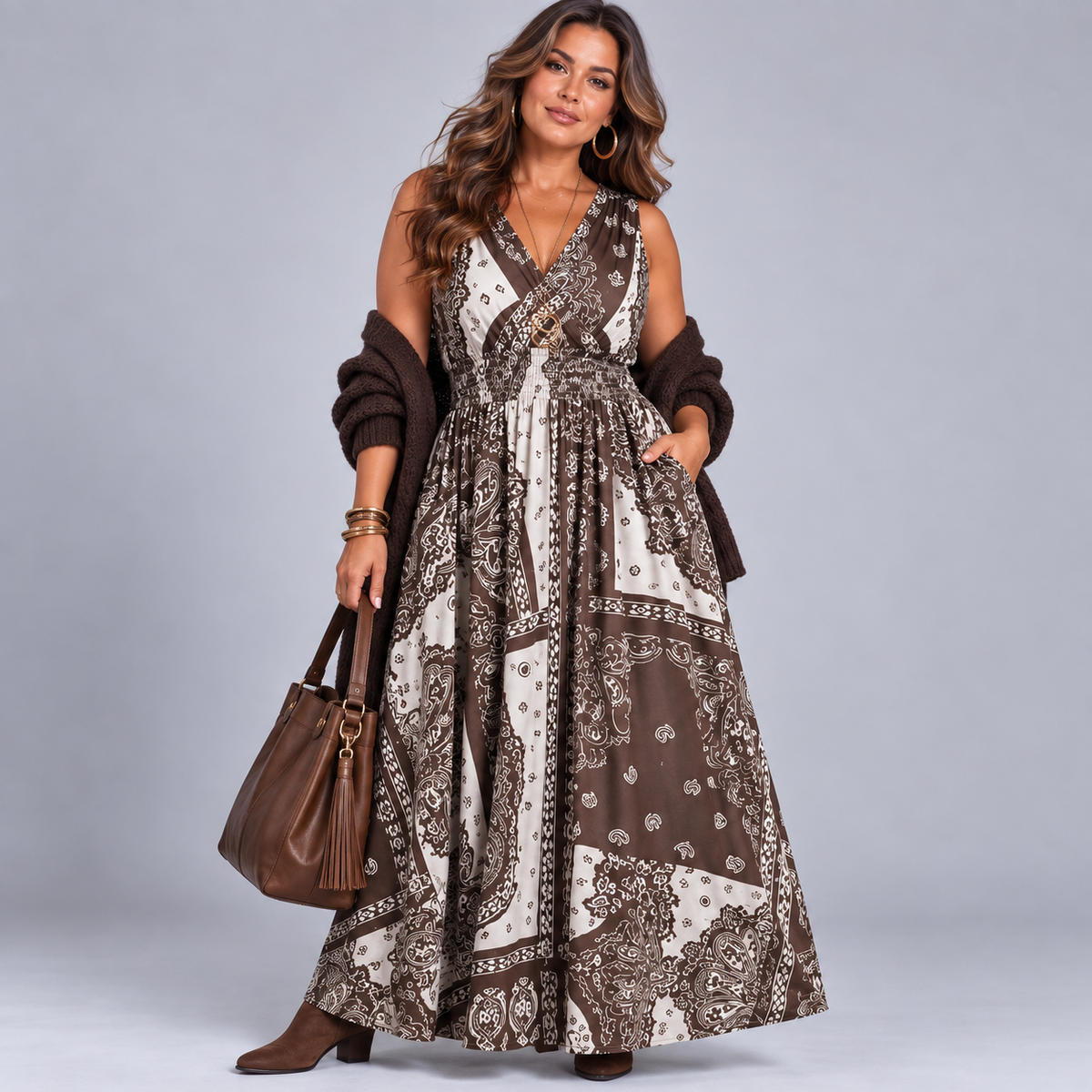 Tile Print Sleeveless V Neck maxi Dress with side Pockets