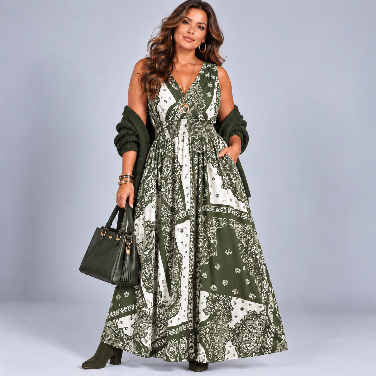 Tile Print Sleeveless V Neck maxi Dress with side Pockets