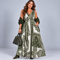 Tile Print Sleeveless V Neck maxi Dress with side Pockets