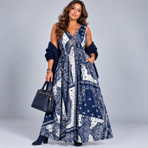 Tile Print Sleeveless V Neck maxi Dress with side Pockets