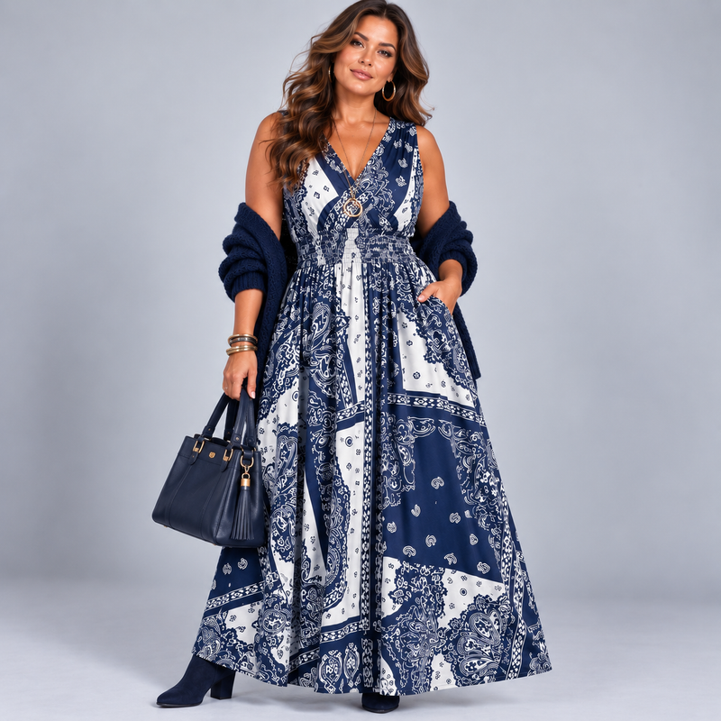 Tile Print Sleeveless V Neck maxi Dress with side Pockets