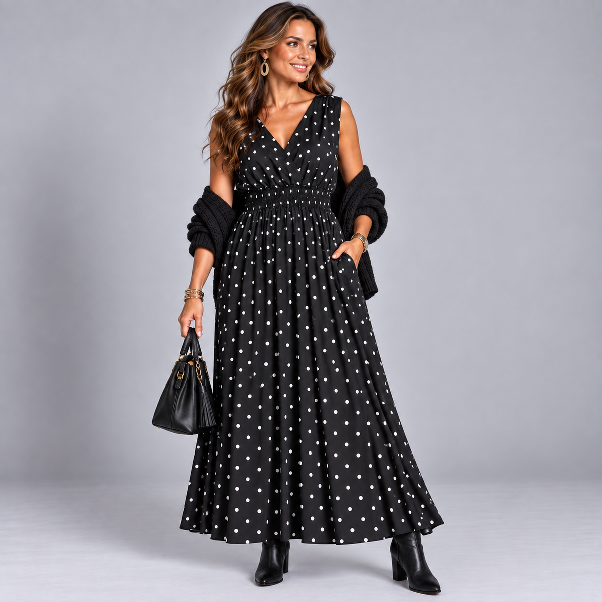 Polka Dot Sleeveless V Neck maxi Dress with side Pockets