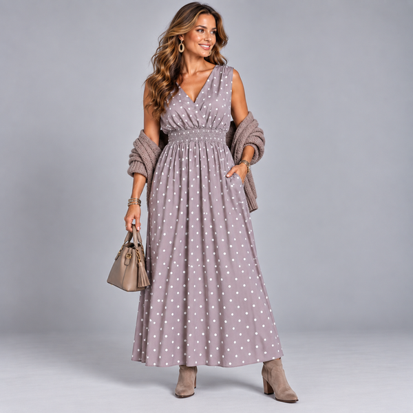 Polka Dot Sleeveless V Neck maxi Dress with side Pockets