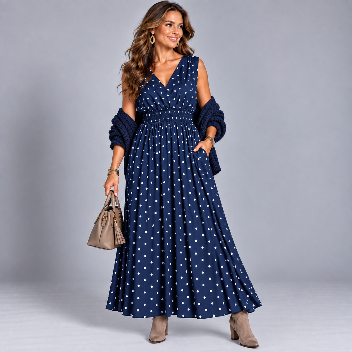 Polka Dot Sleeveless V Neck maxi Dress with side Pockets