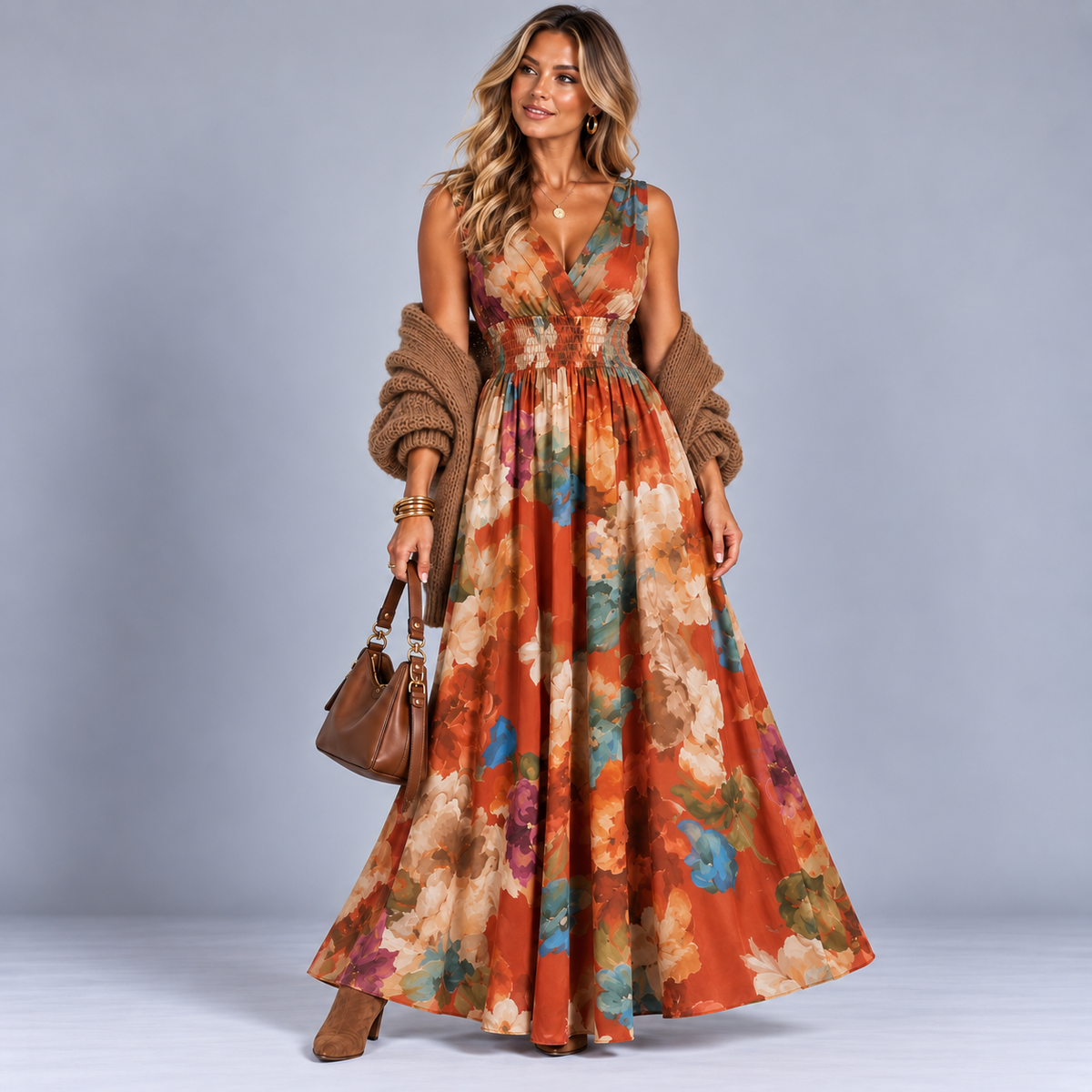 Floral Sleeveless V Neck maxi Dress with side Pockets