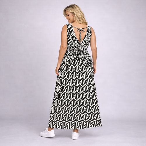 Geo Print Sleeveless V Neck maxi Dress with side Pockets