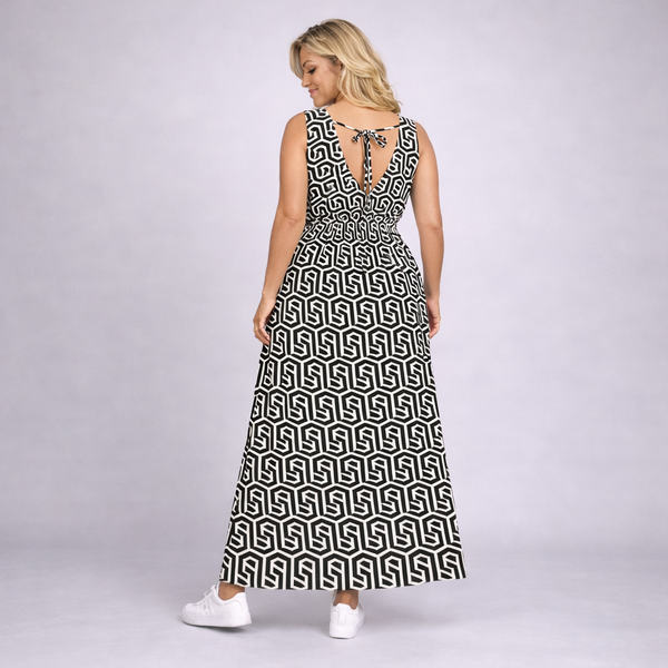 Geo Print Sleeveless V Neck maxi Dress with side Pockets