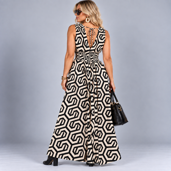 Geo Print Sleeveless V Neck maxi Dress with side Pockets