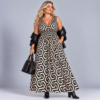 Geo Print Sleeveless V Neck maxi Dress with side Pockets