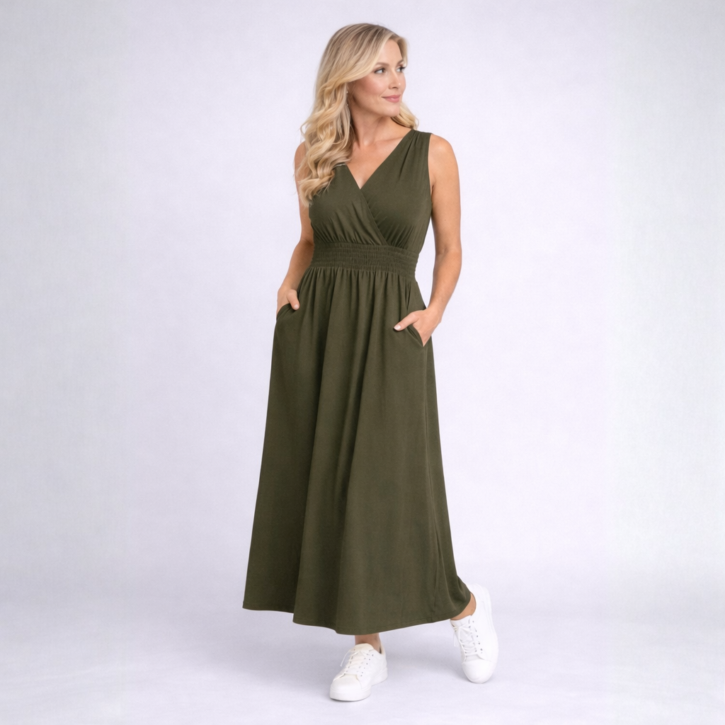 Sleeveless V Neck maxi Dress with side Pockets