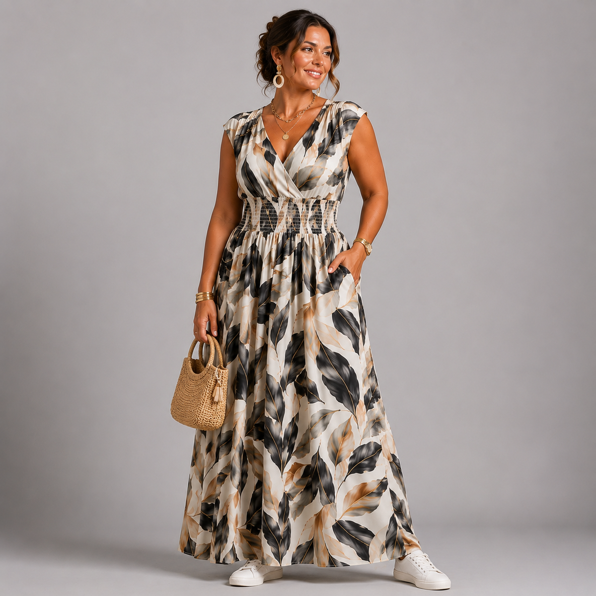 Leaf Print Sleeveless V Neck maxi Dress with side Pockets