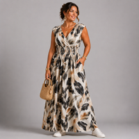 Leaf Print Sleeveless V Neck maxi Dress with side Pockets