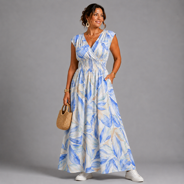 Leaf Print Sleeveless V Neck maxi Dress with side Pockets