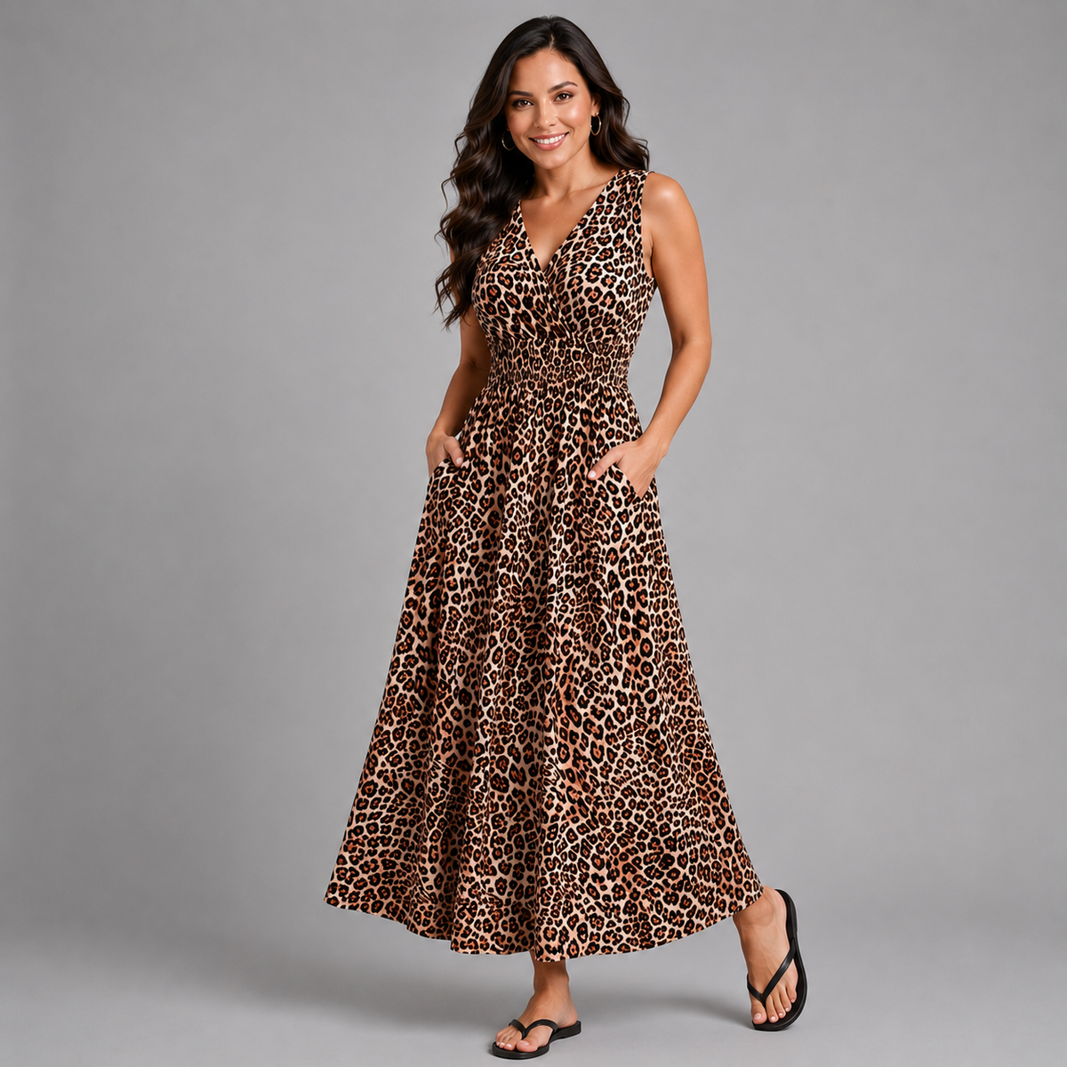 Leopard Print Sleeveless V Neck maxi Dress with side Pockets