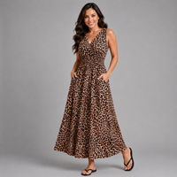 Leopard Print Sleeveless V Neck maxi Dress with side Pockets