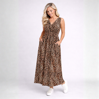 Leopard Print Sleeveless V Neck maxi Dress with side Pockets