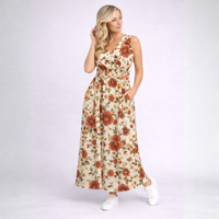 Cream Rust Floral Sleeveless V Neck maxi Dress with side Pockets
