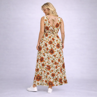 Cream Rust Floral Sleeveless V Neck maxi Dress with side Pockets