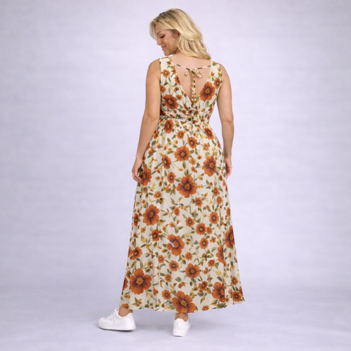 Cream Rust Floral Sleeveless V Neck maxi Dress with side Pockets