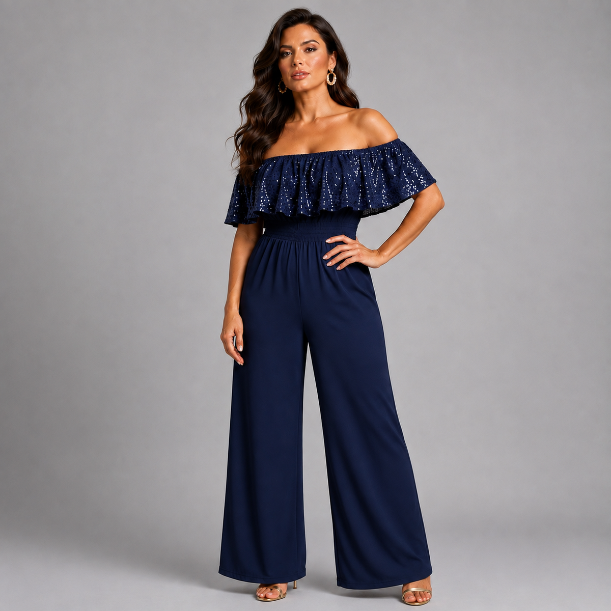 Sequin Frill Bardot Jumpsuit with Side Pockets