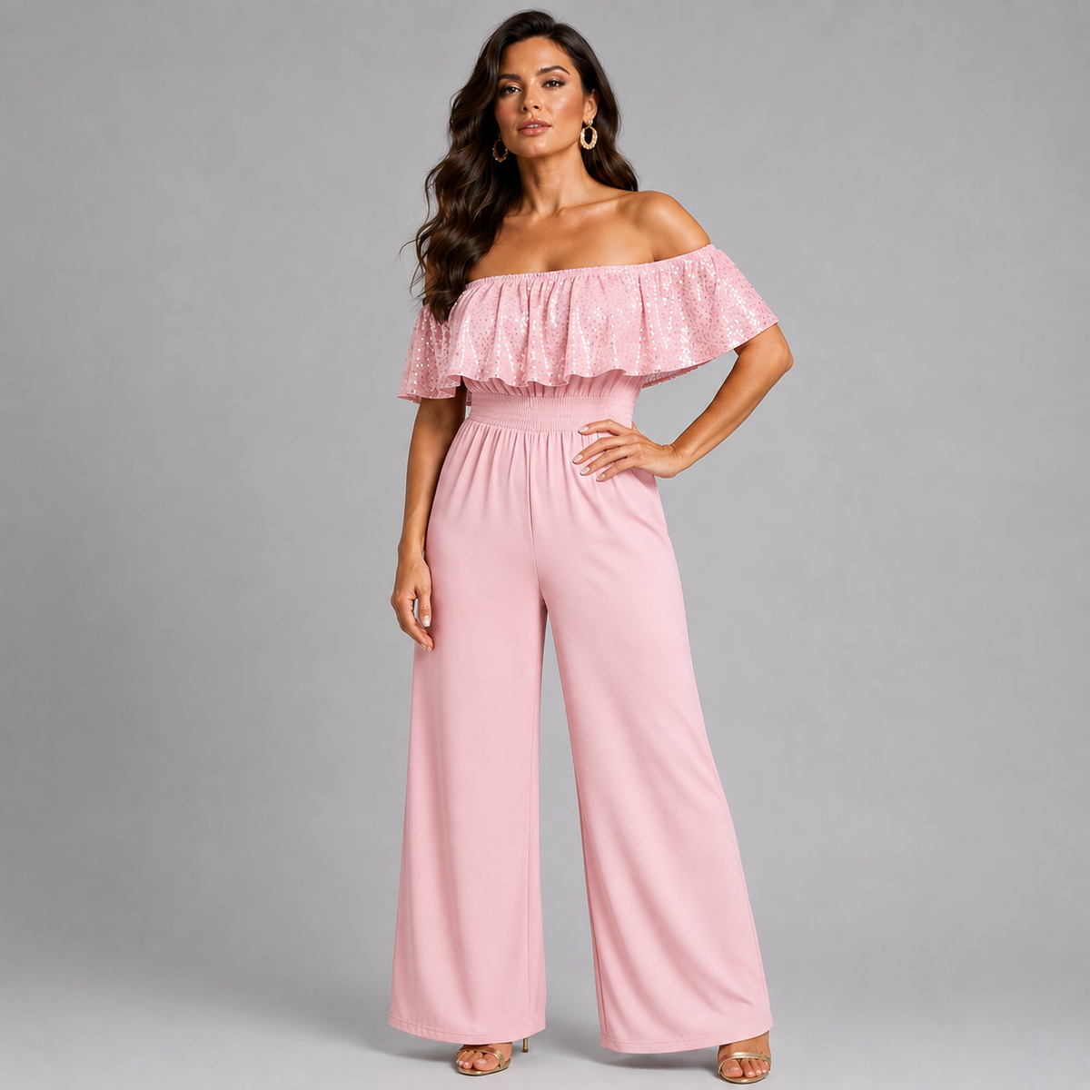Sequin Frill Bardot Jumpsuit with Side Pockets