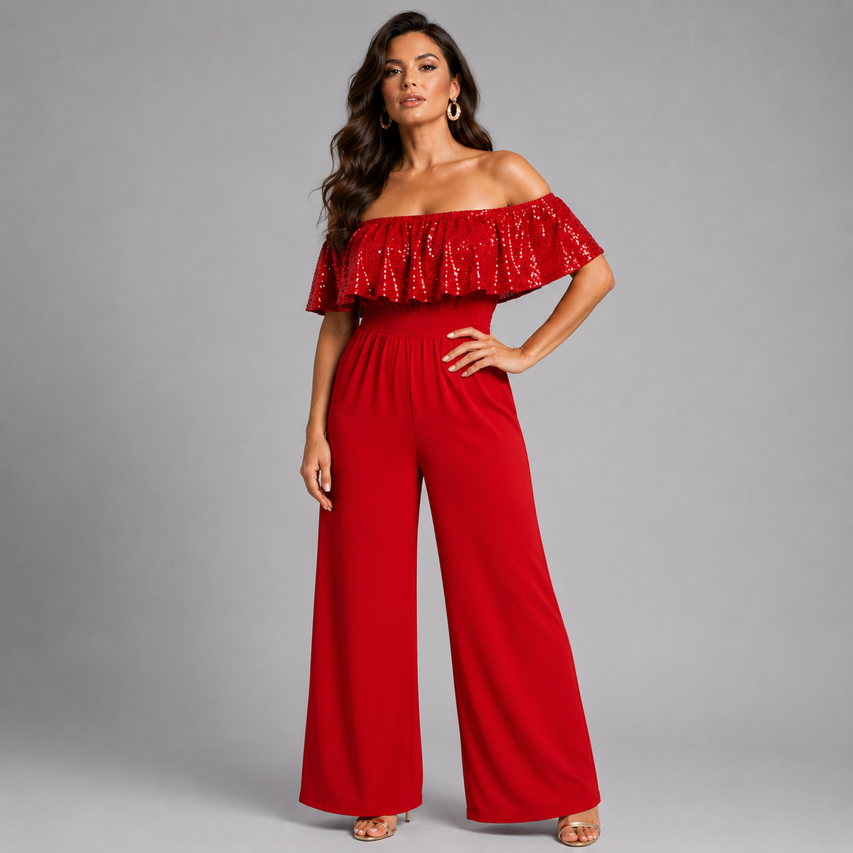 Sequin Frill Bardot Jumpsuit with Side Pockets