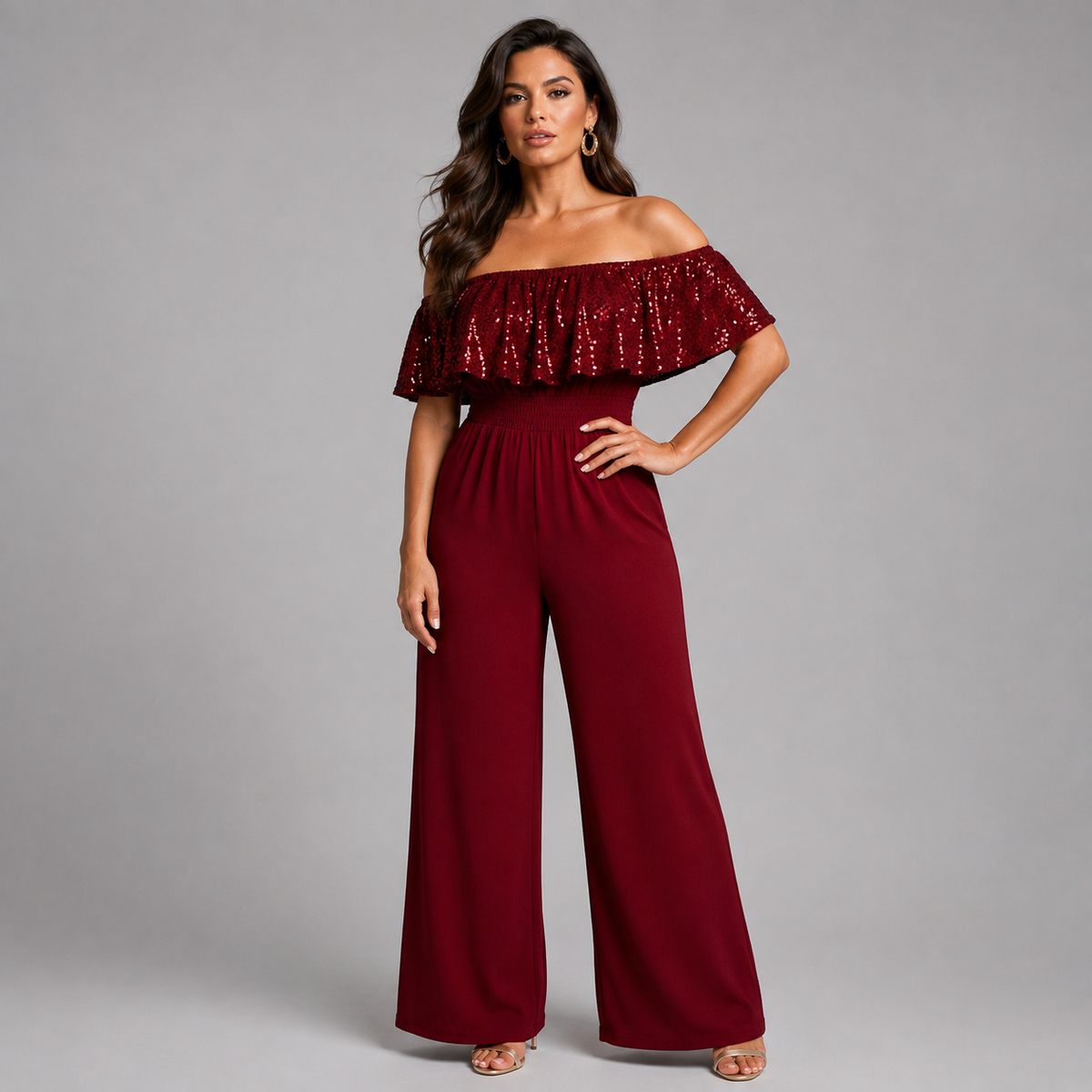 Sequin Frill Bardot Jumpsuit with Side Pockets