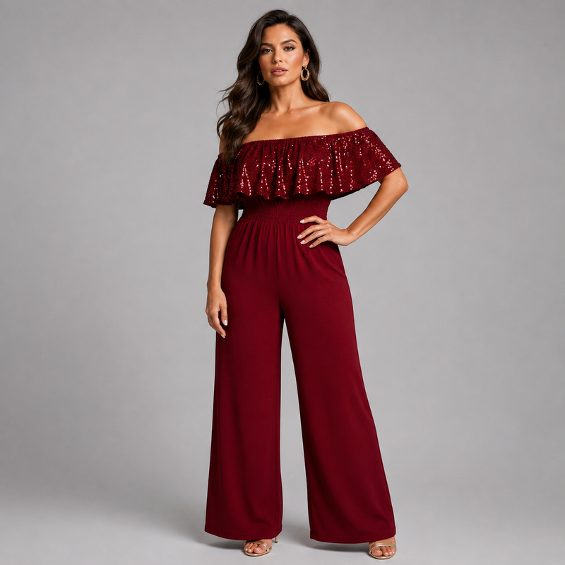 Sequin Frill Bardot Jumpsuit with Side Pockets
