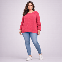 Woman wearing a pink sweater and blue jeans on a white background
