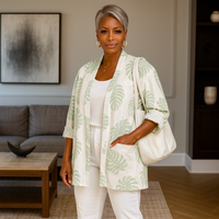 Open Front Loose Fitting Leaf Print Jacket