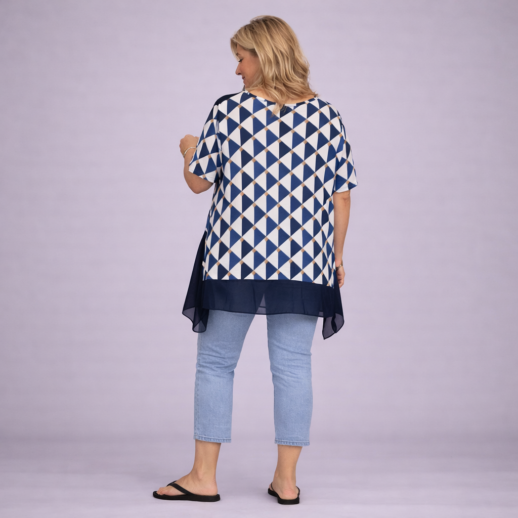 Geometric Short Sleeve Loose Fitting Top with Chiffon Hanky Hem